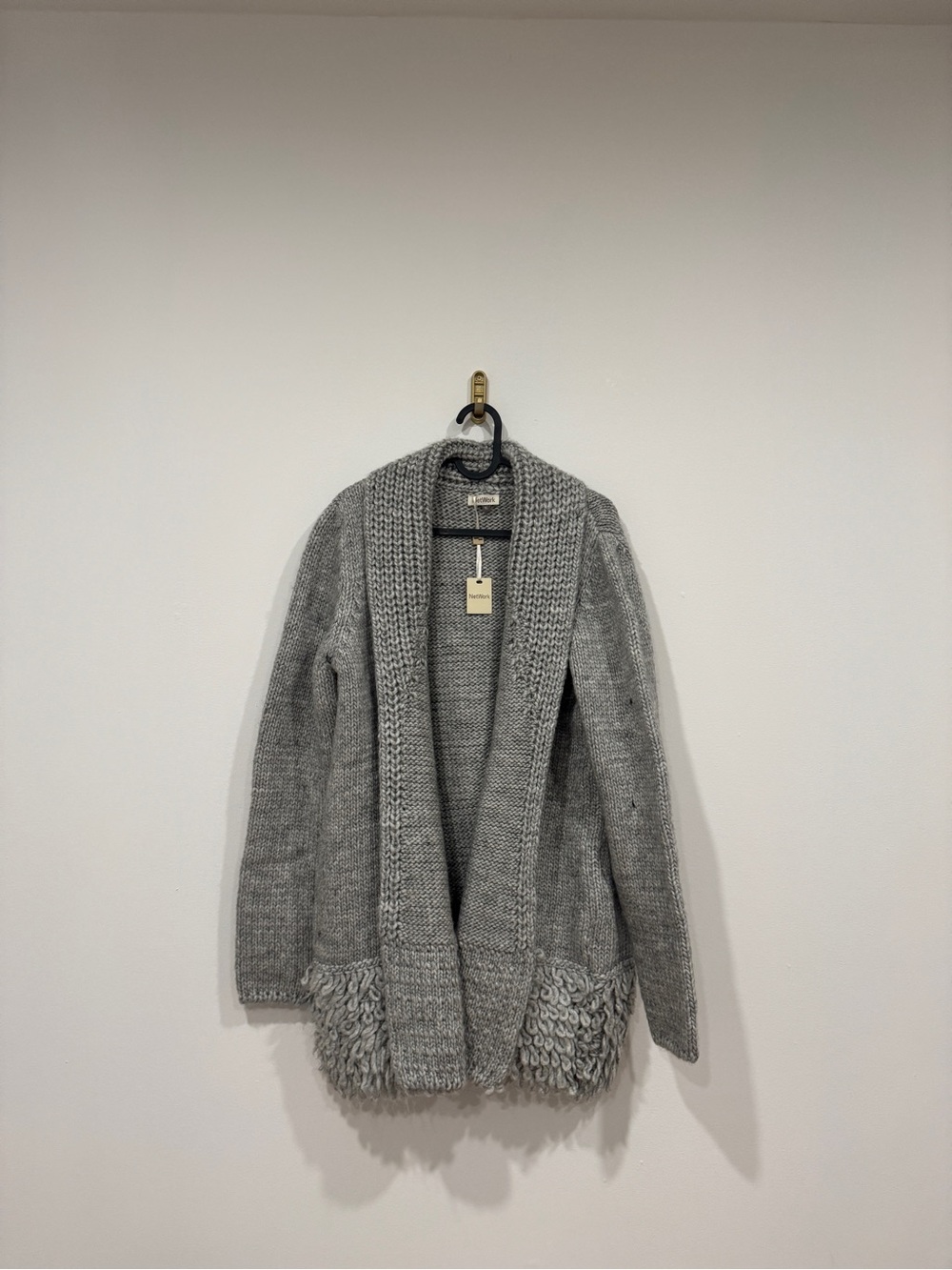 Shawl-Collar Gray Fringe Knit Cardigan